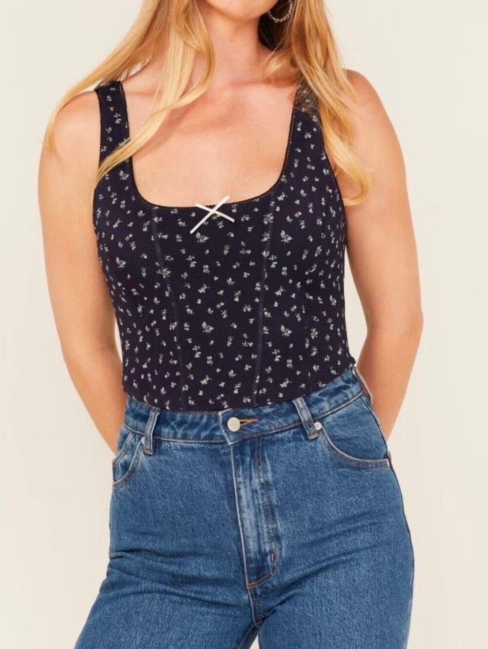 Originality Navy Floral Eyelet Cropped Corset Top Size Medium NWT